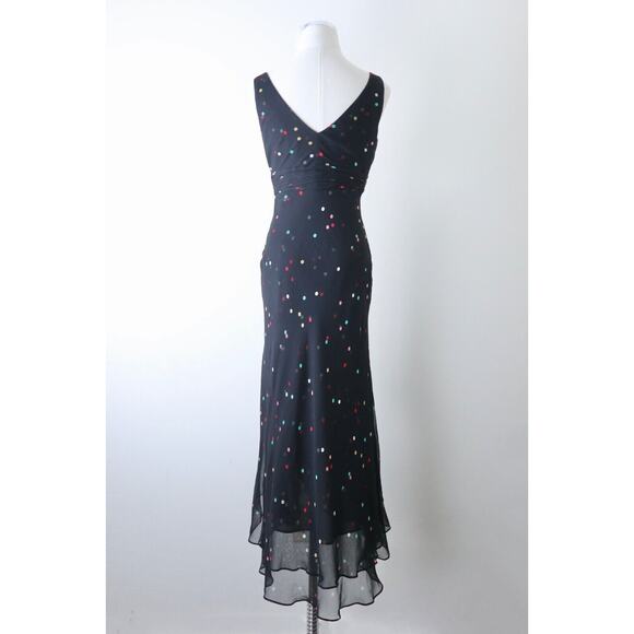 Vintage 1990s Anne Klein Size 4 Silk Dotted Faux Wrap Midi Dress Black Chiffon - Picture 9 of 12